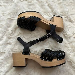 Swedish Hasbeens Black and Tan Mules